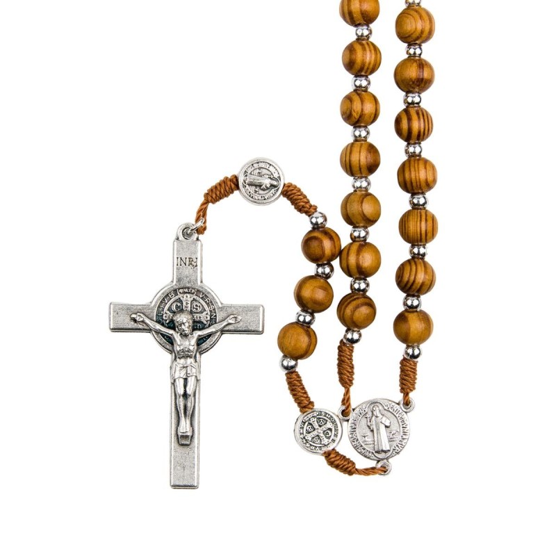 Chapelet de saint Benoit sur corde grains en bois d'olivier Ø 7mm, longueur au cœur 30 cm, croix métal de saint Benoit.
